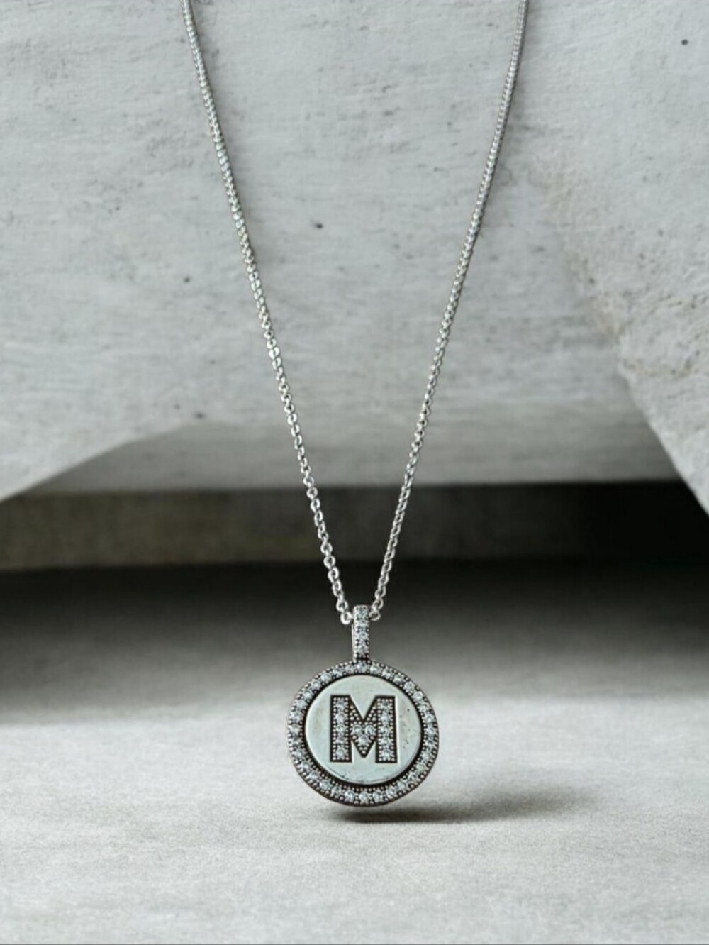 925 Sterling Silver Micro Pave Cubic Zirconia Initial M Circle Pendant Necklace